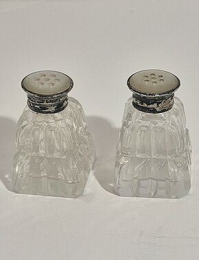 Antique BIRKS Sterling Silver Salt And Pepper Shakers Crystal Mother Pearl Cap